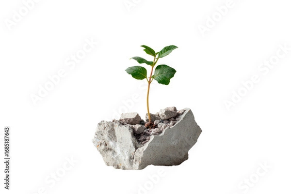 Fototapeta Resilience of growth: A solitary young sprout emerges defiantly from a fractured concrete block, illustrating hope
