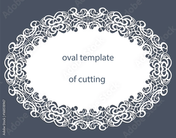 Fototapeta Greeting  card with decorative  oval border, doily of paper under the cake, template for cutting, wedding invitation, decorative plate is laser cut, vector illustrations.