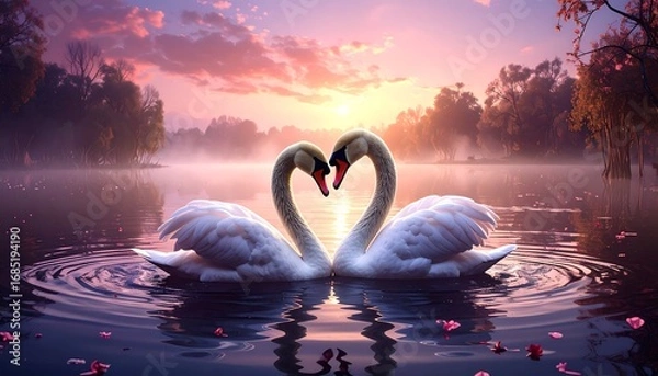 Fototapeta Two swans in a heart shape at sunset
