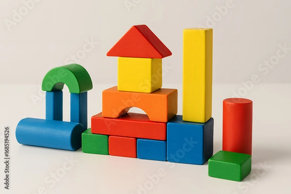 Fototapeta Assorted brightly colored wooden building blocks arranged into a playful structure, captured in a realistic style, placed on a white background, concept of childhood creativity and learning