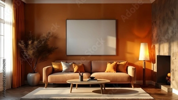 Fototapeta Create a serene retreat with an autumn interior design boasting amber hues, plush seating, and minimalistic art complemented by ambient lighting.