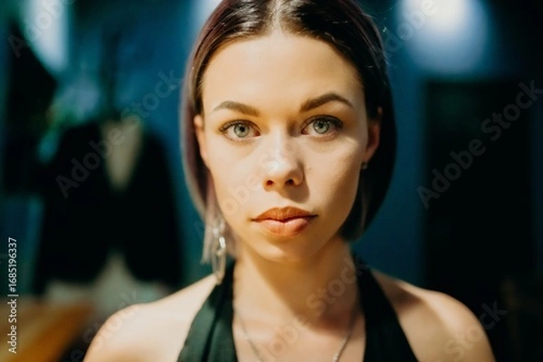 Fototapeta Woman with delicate features and jewelry poses in a close view with soft lighting.