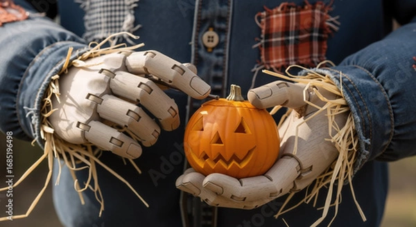 Fototapeta A whimsical scarecrow, with denim sleeves and straw cuffs, gently holds a tiny carved jack-o'-lantern, a symbol of Halloween and autumn festivities.