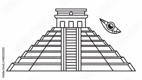 Fototapeta A pyramid with a pyramid on top of it. A large eye is above the pyramid. The pyramid is in the middle of the image