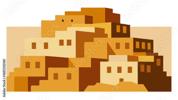 Fototapeta A drawing of a mountain with a row of buildings on it. The buildings are brown and the mountain is covered in sand