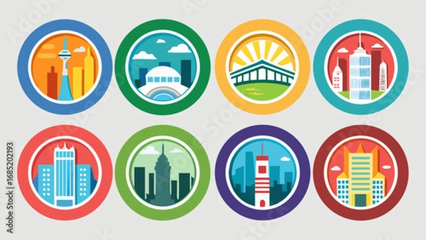 Fototapeta The image is a collection of city icons, each with a different color and design. The icons represent various cities around the world, including New York, London, and Tokyo. Scene is one of diversity