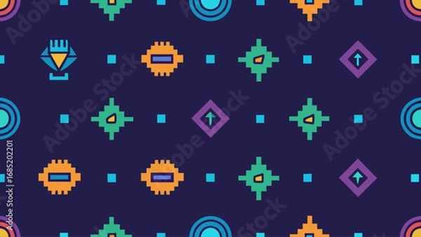 Fototapeta A colorful pattern of squares and diamonds with a diamond in the middle. The diamond is surrounded by a blue circle