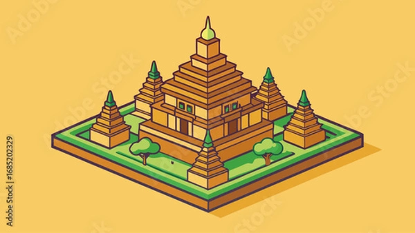 Fototapeta A drawing of a city with a large building in the center. The building has a green roof and is surrounded by trees. The drawing is in a square and has a yellow background