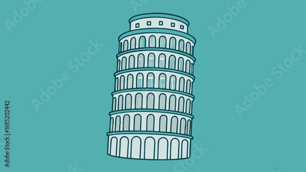 Fototapeta A blue and white drawing of the Leaning Tower of Pisa. The tower is leaning to the right and is the tallest building in the image