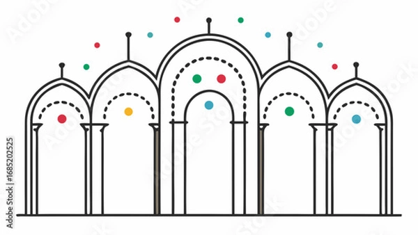 Fototapeta A building with arches and a lot of dots. The dots are in different colors and sizes