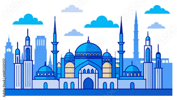 Fototapeta A blue city skyline with a large blue dome on top of a building. The buildings are tall and the sky is cloudy