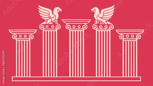 Fototapeta A red and white flag with a design of four pillars and two birds on top. The pillars are tall and white, while the birds are small and white as well. The flag has a bold and powerful appearance
