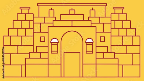 Fototapeta A yellow and red drawing of a building with a red door. The building is made of bricks and has arched windows