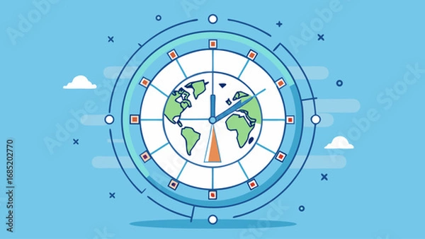 Fototapeta A clock with the hands on the number 12 and 3. The clock is surrounded by a blue background with clouds and stars
