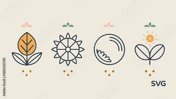 Fototapeta The image is a series of four different plant icons, each with a different color and design. The icons are arranged in a row, with the first one on the left and the last one on the right