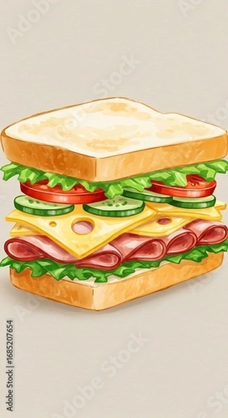 Fototapeta 水彩のサンドイッチ、食欲をそそる彩り