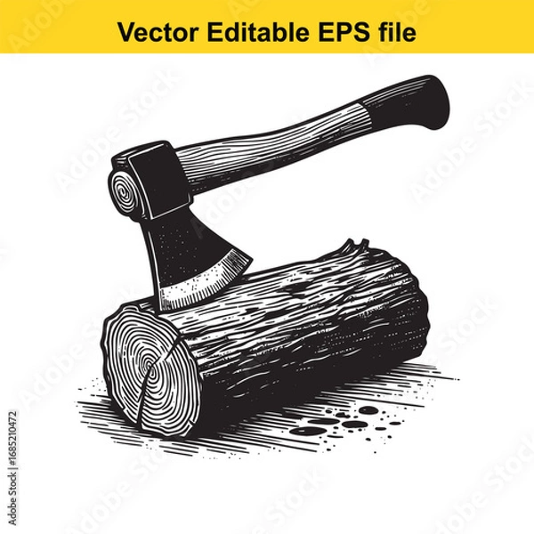 Fototapeta Axe chopping a log, vintage illustration style, isolated on white background