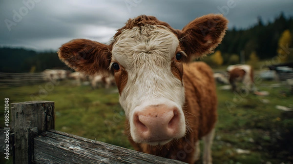Obraz Close-up of a curious cow in a rural pasture with a wooden fence.