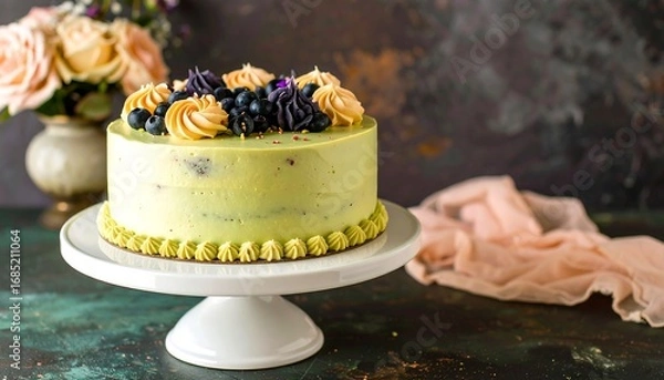 Fototapeta Elegant round cake with buttercream frosting and fresh berries