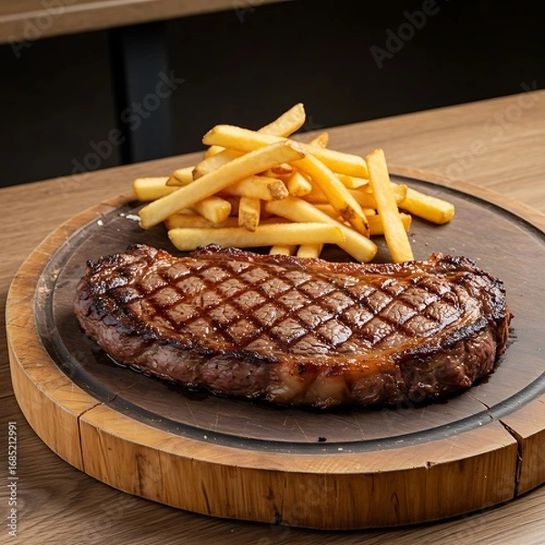 Fototapeta 鉄板の上のステーキとフライドポテト
