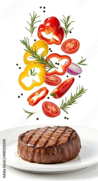 Fototapeta 空中舞う彩り、肉厚ステーキ