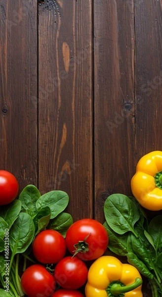 Fototapeta 木肌と彩り野菜