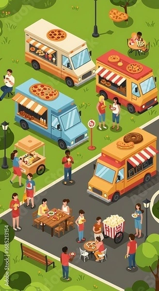 Fototapeta 公園グルメマップ：等尺法フードトラックの賑わい