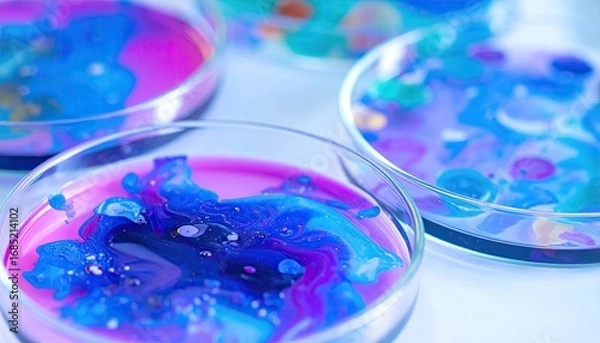 Fototapeta Vibrant blue and purple liquids swirling in petri dishes, depicting scientific experiments, microbiology, or abstract patterns.