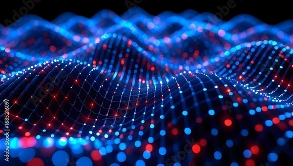 Fototapeta Abstract data visualization network background with blue and red lights for technology use