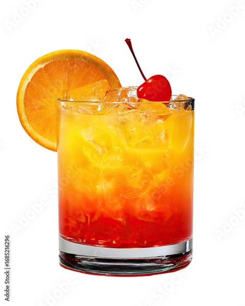 Fototapeta Vibrant orange and red layered cocktail in a glass, garnished with an orange slice and cherry