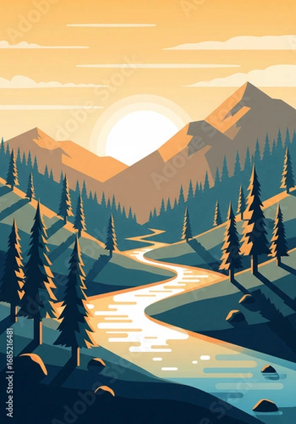 Fototapeta Minimalist Mountain Landscape with River