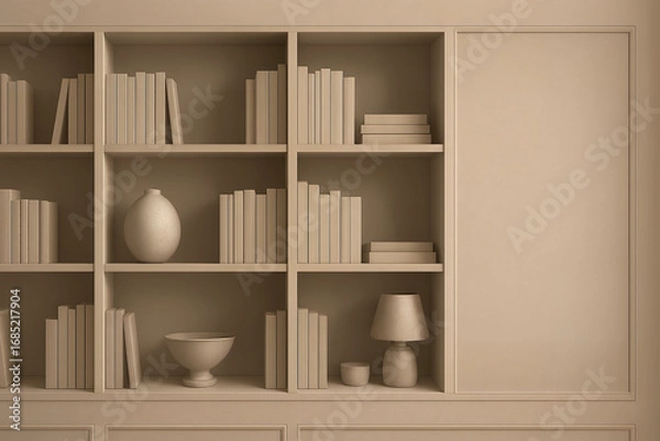 Fototapeta Monochrome bookshelf filled with books, vases, and a table lamp in a minimalist style on a plain background, illustrating modern home decor elements. Background concept for Interior Design