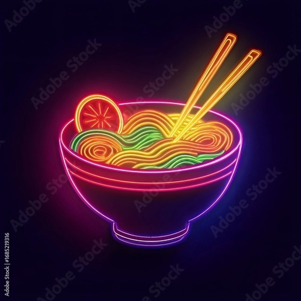 Obraz 
Vibrant Neon Ramen Bowl: A Luminous and Minimalist Culinary Delight