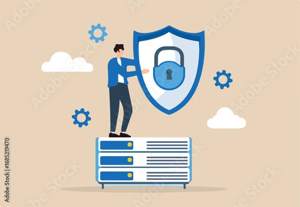 Fototapeta Flat illustration of it specialist holding shield over network server to represent data protection