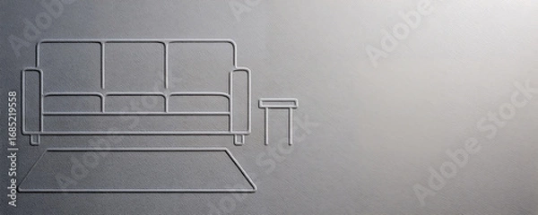Fototapeta Minimalist embossed line art of a sofa, rug, and side table on a textured grey wall background, representing modern interior design and home concept. Background concept for Interior Design