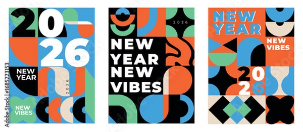 Obraz Bold geometric New Year 2026 posters in modern minimal style with colorful abstract shapes. Perfect for holiday greeting cards, festive wall art, gift wrapping, social media banners.