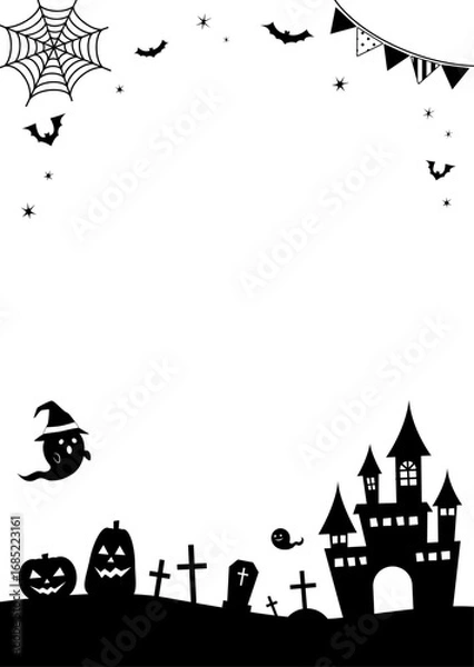 Fototapeta ハロウィンのかぼちゃやおばけやお城や蝙蝠の背景フレームイラスト（縦）