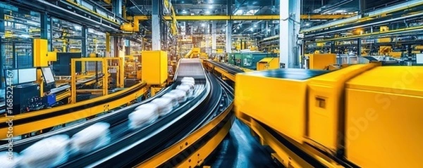 Fototapeta A vibrant industrial scene showcasing automated conveyor systems with yellow accents, transporting goods efficiently within a modern manufacturing facility.