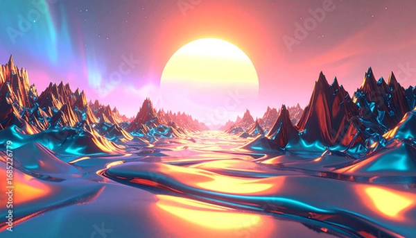 Fototapeta A vibrant, surreal alien landscape with a large glowing sun, reflective metallic rivers, and colorful aurora borealis in the sky.