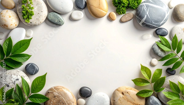 Fototapeta A serene frame of smooth, colorful spa stones and fresh green leaves arranged on a clean white background, perfect for wellness and nature themes.