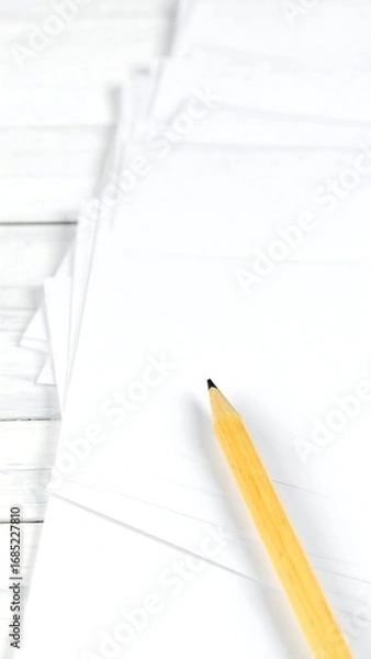Obraz Stacked white papers, a yellow pencil