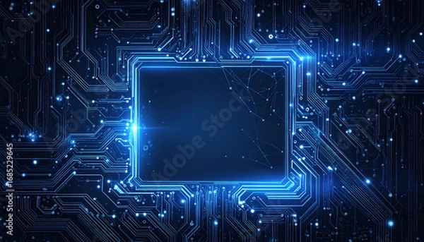 Fototapeta Close-up of a glowing blue circuit board with a central processing unit, representing advanced technology and digital innovation.