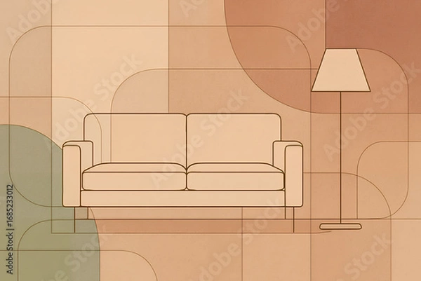 Fototapeta Stylized sofa and floor lamp outlined on a geometric abstract background in earthy tones, illustrating a modern home interior concept. Background concept for Interior Design