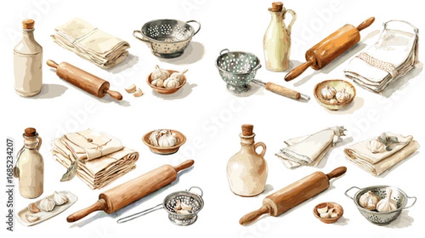 Fototapeta Rustic watercolor baking tools and ingredients including rolling pins, garlic, bottles, bowls, and towels. Ideal for culinary design, recipe illustrations, and kitchen artwork.