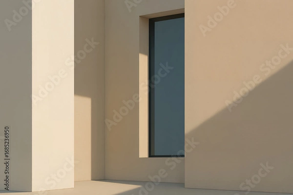 Fototapeta Minimalist beige architecture with a deep-set glass window casting long geometric shadows, captured in natural sunlight, showing modern design aesthetics. Background concept for Interior Design
