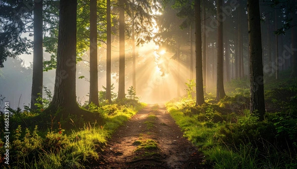 Fototapeta Sunlight streams through a misty forest, illuminating a winding path through lush green undergrowth.