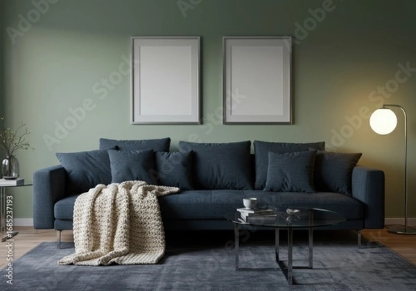 Fototapeta Modern living room with plush sofa and minimalist wall art creates a serene and inviting atmosphere