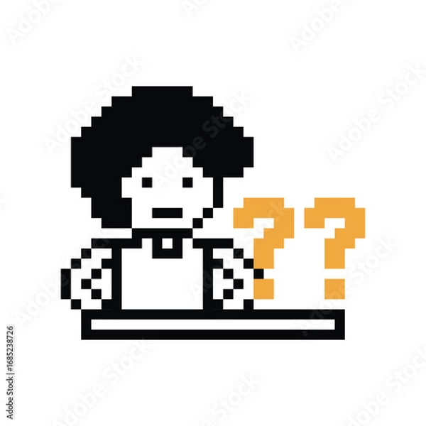 Fototapeta Pixel art cartoon character man cute question mark decoration 8 bit male boy confused idea question mark quiz questionnaire choose cartoon pixel game 8bit png vector.