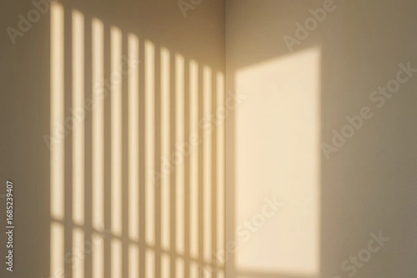 Fototapeta Sunlight casts vertical shadows through window blinds on a beige wall in a minimalist interior, evoking concepts of calm, warmth, and simplicity. Background concept for Interior Design