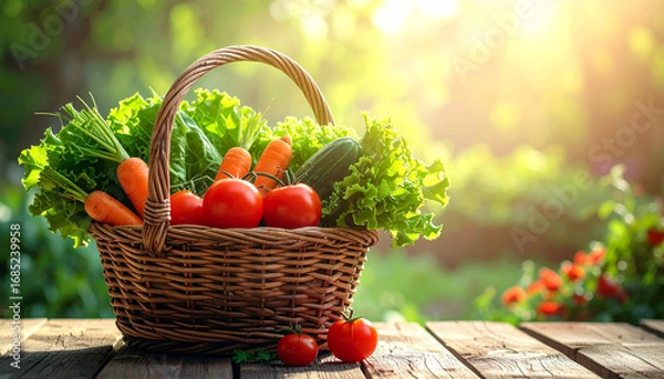 Fototapeta A rustic wicker basket overflowing with fresh, vibrant vegetables like lettuce, carrots, tomatoes, and cucumber, set on a wooden table outdoors under warm sunlight.